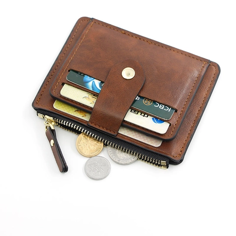 Porta Carte Sottile Portafoglio Pelle PU Slot Multipli Cerniera Portamonete Chiusura Scatto Retrò Minimalista