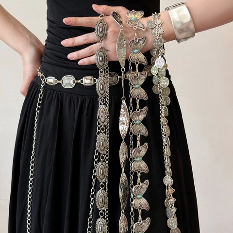 Bohemian Butterfly Waist Chain Belt Alloy Faux Turquoise Artificial Pearl Vintage Ethnic Style Body Jewelry For Women Dress Decor