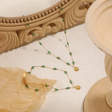 Franse Vintage Schelp Ketting En Armband Smaragdgroene Zirkoon Titanium Staal 18K Verguld Schelphanger Voor Dames