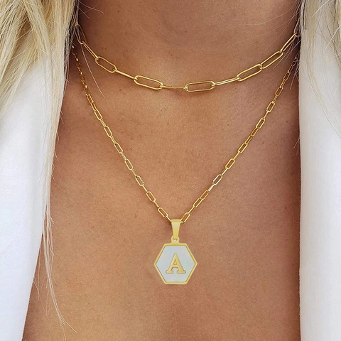 Initial Pendant Layered Necklace 18K Gold Plated Stainless Steel Hexagon Mother Of Artificial Pearl Paperclip Chain