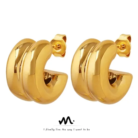 Chunky C-Vorm Hoop Oorbellen Dubbellaags Spiegelgepolijst Titanium Staal 18K Verguld Minimalistisch Retro Dames Sieraden