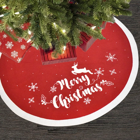 Christmas Tree Skirt Knitted Acrylic Reindeer Snowflake Embroidery Holiday Party Decor Red White Plush Trim