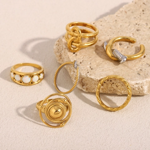 Stainless Steel Rings For Women 18K Gold Plated Vintage Knot Twist Planet Orbit Design Faux Opal Trendy Jewelry