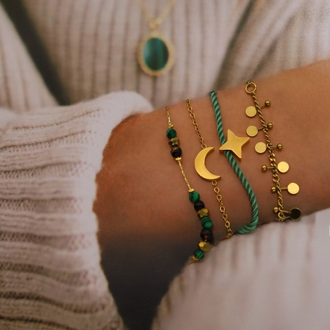 Bracciale Multistrato Acciaio Inossidabile Bohemien Placcato Oro Stella Luna Ciondolo Perline Gioielli Donna Regolabile