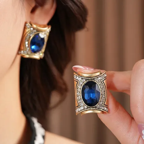 Orecchini Ovali Stile Palazzo Vintage In Vetro Blu Con Silver Earring Post Strass Lega Oro Barocco Gioielli