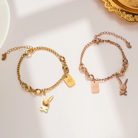 Titanstahl Hase Anhänger Armband Für Damen Roségold Überzogen Koreanische Mode Alphabet Tag Verstellbarer Schmuck Geschenk