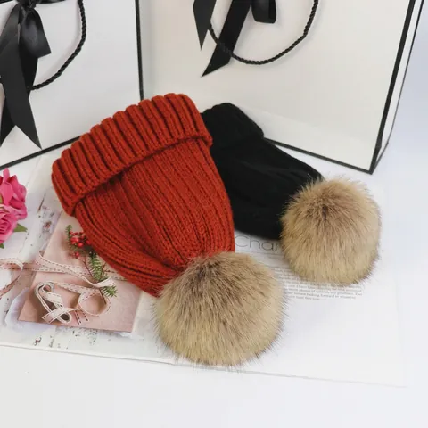 Women Kids Winter Warm Knit Beanie Hat With Artificial Fur Pom Pom Thick Crochet Skull Cap Parent-Child Solid Color Outdoor Headwear