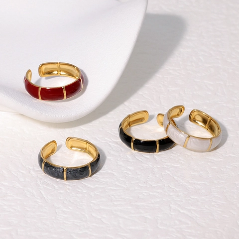 Stainless Steel Bamboo Joint Ring 18K Gold Plated Enamel Oil Dripping Adjustable Open Fashion Jewelry For Women