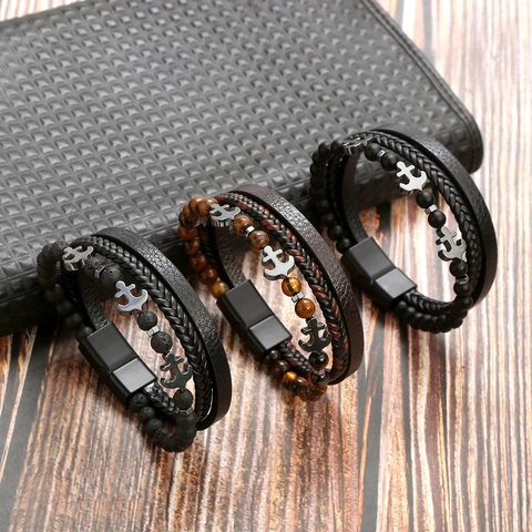 Men Multi Layer Bracelet Natural Stone Tiger Eye Lava Rock Braided Leather Stainless Steel Magnetic Clasp Anchor Charm