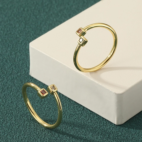 Adjustable Open Ring For Women Square Colorful Zirconia Gold Plated Copper Geometric Minimalist Jewelry