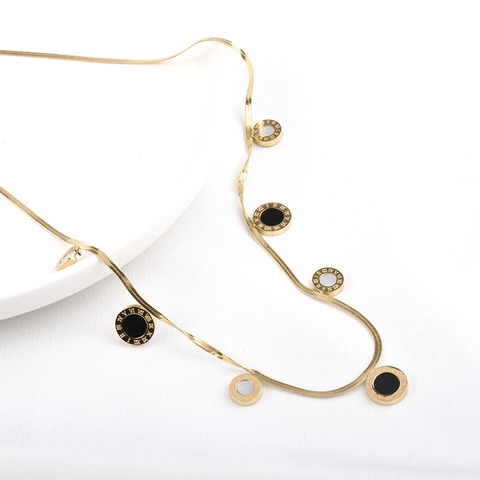 Collana In Acciaio Inossidabile Oro Con Catena A Serpente E Pendenti Tondi Numeri Romani Intarsio In Conchiglia Minimal