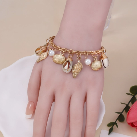 Vintage Barock Künstliche Perle Muschel Meerschnecke Armband Für Damen Übertrieben Gold Legierung Böhmische Strandkette Schmuck Zubehör