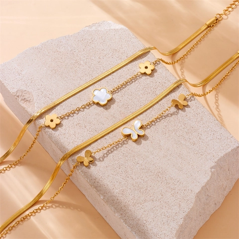 Double Layer Stainless Steel Anklet With White Shell Butterfly Flower Pendants Snake Chain Minimalist Jewelry For Women