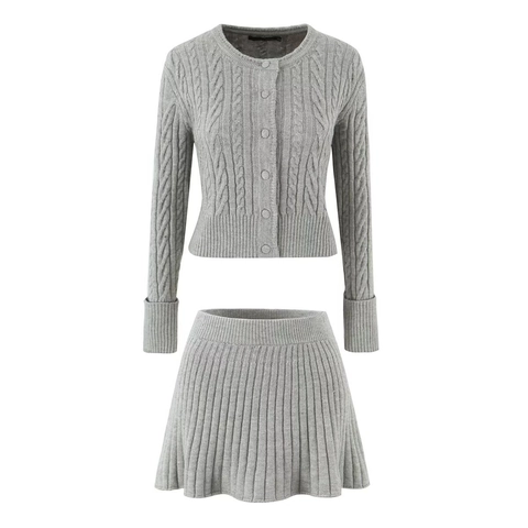 Cable Knit Cardigan And Pleated Mini Skirt Outfits Long Sleeve Round Neck Button Up Casual Streetwear For Women