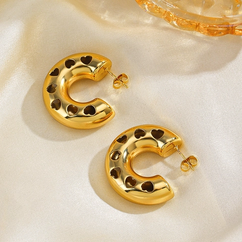 Pendientes De Aro En Forma De C De Acero Inoxidable Corazón Hueco Geométrico Bañado En Oro 18K Chic Para Mujer Joyería