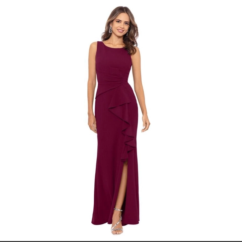 Women Evening Gown Sleeveless High Slit Ruffled Waist Polyester Stretch Long Dress For Party Wedding Formal Occasion