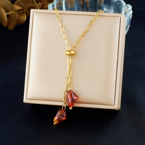 Y-Shaped Necklace Stainless Steel Gold Plated With Amber Resin Geometric Pendants Adjustable Long Chain Retro Style Women Jewelry