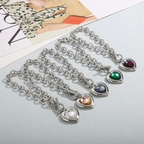 Bracciale In Acciaio Inossidabile Con Pendente A Cuore In Cristallo E Chiusura A Levetta Catena A Maglie Da Donna