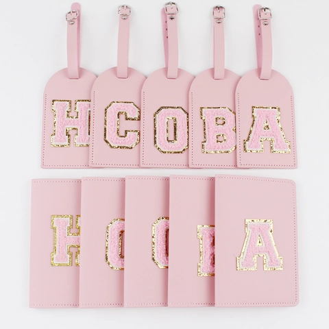 Porta Pasaporte Y Etiqueta De Equipaje Cuero PU Rosa Parche De Letra Chenille Brillo Accesorios De Viaje Mujer