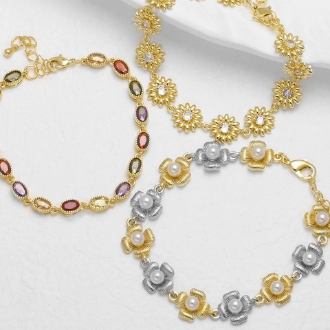 Flower Daisy Artificial Pearl Multi Color Gemstones Copper Bracelet 18K Gold Plated Zircon Adjustable Elegant Jewelry Women