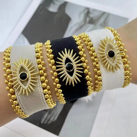 Υφαντό Υφασμάτινο Βραχιόλι Evil Eye Με Μεταλλικές Χάντρες Από Κράμα Και Φούντα Ρυθμιζόμενα Vintage Κοσμήματα Για Γυναίκες