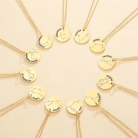 Sterrenbeeld Hanger Ketting Roestvrij Staal Verguld Strass Sterrenkaart Ronde Munt Medaillon Mode Sieraden Voor Dames