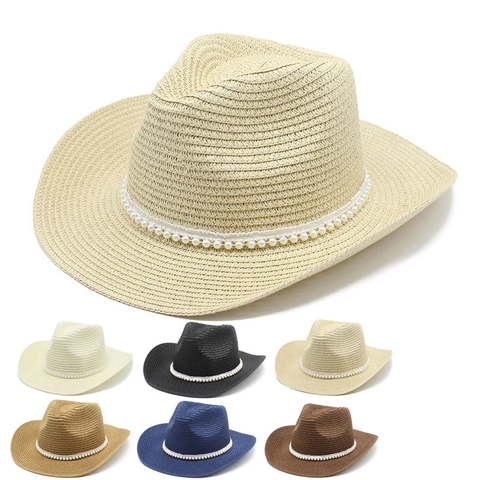 Chapeau De Cow-Boy En Paille Avec Bande De Künstliche Perles Bord Large Protection Solaire Vacances Plage Été Pour Hommes Femmes