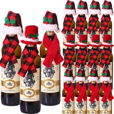 Christmas Wine Bottle Cover Bag Decor Set Red Black Plaid Mini Santa Hat And Scarf For Party Kitchen Table Decoration