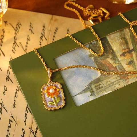 Collana Con Pendente Cornice Quadro Girasole Retro Francese Con Perla de Agua Dulce Smalto Viola Catena Intrecciata Placcato Oro