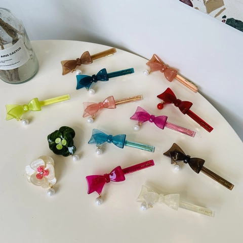 Sweet Bow Flower Acetate Acrylic Hair Clip With Faux Artificial Pearl Pendant Korean Style Duckbill Side Clip For Women