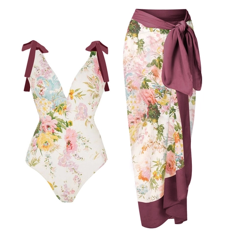 Women One Piece Swimsuit And Sarong Wrap Floral Print V Neck Backless Shoulder Bow Polyester Beachwear