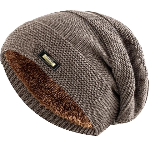 Berretto In Maglia Da Uomo Inverno Foderato In Pile Caldo Beanie Antivento All'aperto Decorazione Etichetta Metallica