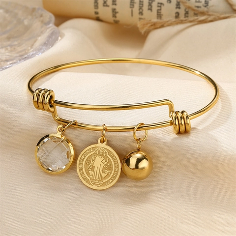 Brazalete Religioso de Acero Inoxidable para Mujer Oro Oro Rosa Cruz Mano de Fátima Ojo Turco Diamante de Imitación Joyería