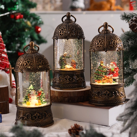 Linterna De Navidad Bola De Nieve Iluminada Agua Brillo Bronce Vintage Decoración Escritorio Con Papá Noel Muñeco Nieve