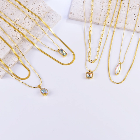 European American Titanium Steel Double Layer Necklace Colorful Butterfly Water Drop Square Pendant Gold Plated Stacking Clavicle Chain Jewelry For Women