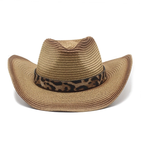 Western Cowboy Straw Hat Gradient Color Leopard Print Band Wide Brim Outdoor Sun Protection Fedora For Men And Women
