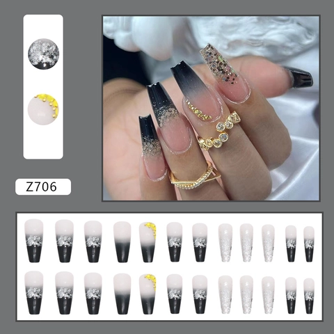 Zwarte Ombre Coffin Press On Nails Lange Ballerina Kunstnagels Met Zilveren Glitter Lovertjes Steentjes Voor Dames