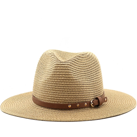 Retro Straw Fedora Hat Wide Brim Sun Protection Summer Beach Panama Jazz Style For Women Men With Rivet Belt