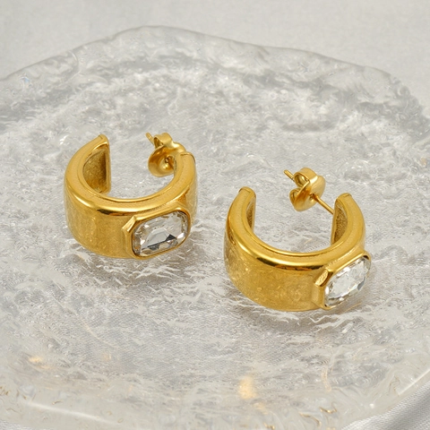 C-Shaped Hoop Earrings 18K Gold Plated Stainless Steel Zircon Rectangular Geometric Chunky Minimalist Fashion For Women