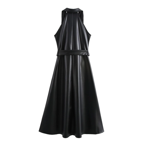 Sexy Schwarzes PU Leder Halfter Maxikleid Mit Gürtel Goldene Knöpfe Revers Ärmellos Moto Stil Für Frauen Elegant