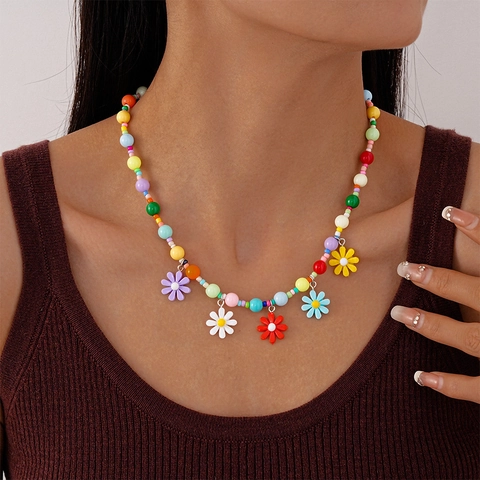 Collar De Cuentas De Acrílico Colorido Con Colgantes De Margarita De Resina Joyería Bohemia Dulce Playa De Verano Para Mujer