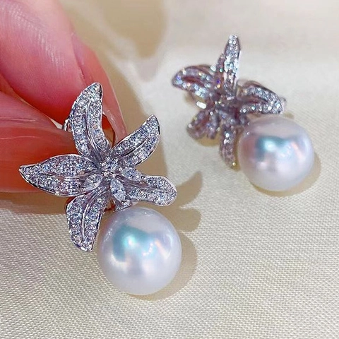 Pendientes Colgantes De Cobre Con Flor De Cinco Pétalos Circonita Cúbica Brillante Y Perla Artificial De Imitación Para Mujer