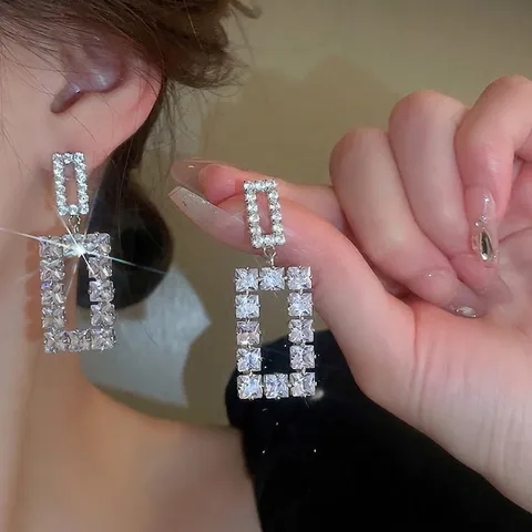 Geometrische Rechteckige Doppelrahmen Tropfenohrringe Mit Zirkonia Und 925 Sterling Silber Ohrstecker Für Damen