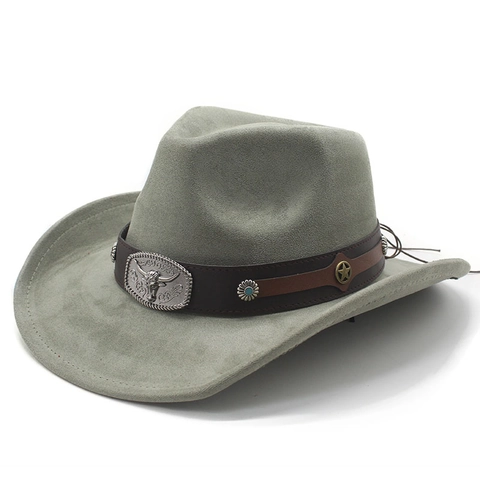 Western Cowboy Hat Suede Wide Brim Fedora Bull Head Metal Buckle Leather Belt Ethnic Vintage Style Men Women Outdoor