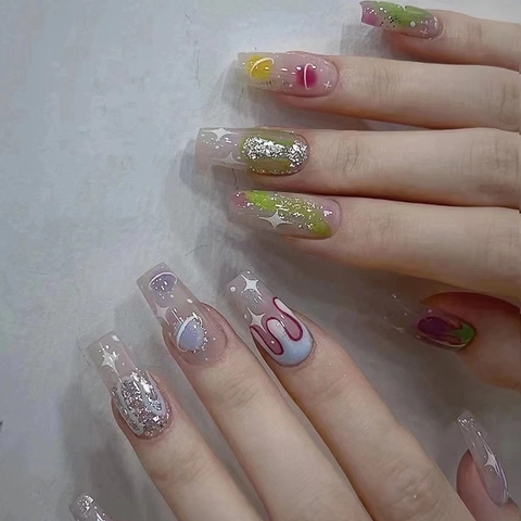 Unghie Finte Lunghe Coffin Press On Tema Stelle Spaziali Scintillanti Sfumate Rosa Verde Glitter Unghie Artificiali Donne