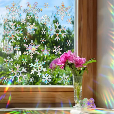 Christmas Window Stickers Static Cling PVC Rainbow Holographic Prism Snowflake Reindeer Decals For Glass Holiday Decor