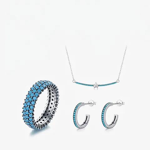 925 Sterling Silver Jewelry With Turquoise Star Necklace Ring C Shape Hoop Earrings Vintage Elegant For Women