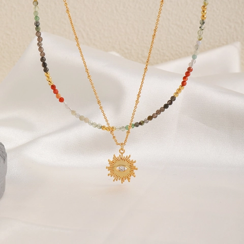 Layered Beaded Necklace Natural Stone Copper Gold Plated Sun Evil Eye Pendant Bohemian Jewelry For Women Handmade