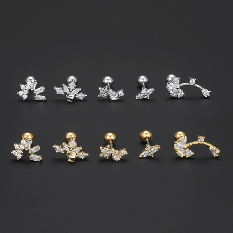Stainless Steel Bar Copper Zirconia Flower Cartilage Stud Earrings Fashion Star Geometric Piercing Jewelry Screw Back Women