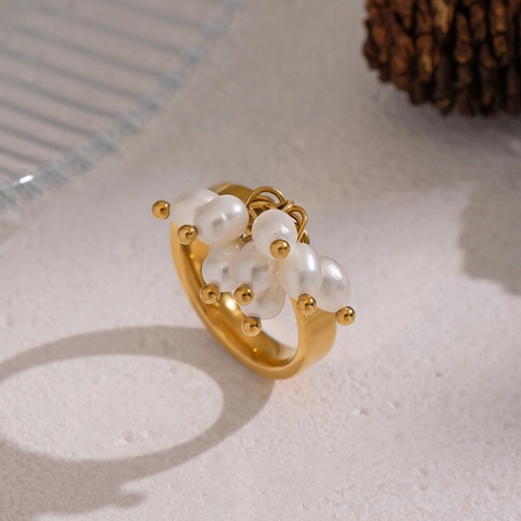 Anillo Elegante Con Pendente Di Perle D'acqua Dolce Acciaio Inossidabile Placcato Oro Nappa Gioielli Da Dito Per Donna Moda